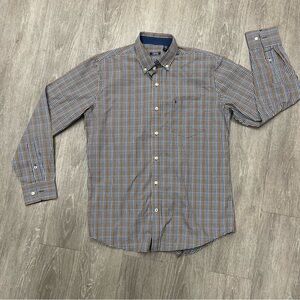 Izod men's long-sleeve button-down collared shirt blue gold check pattern M